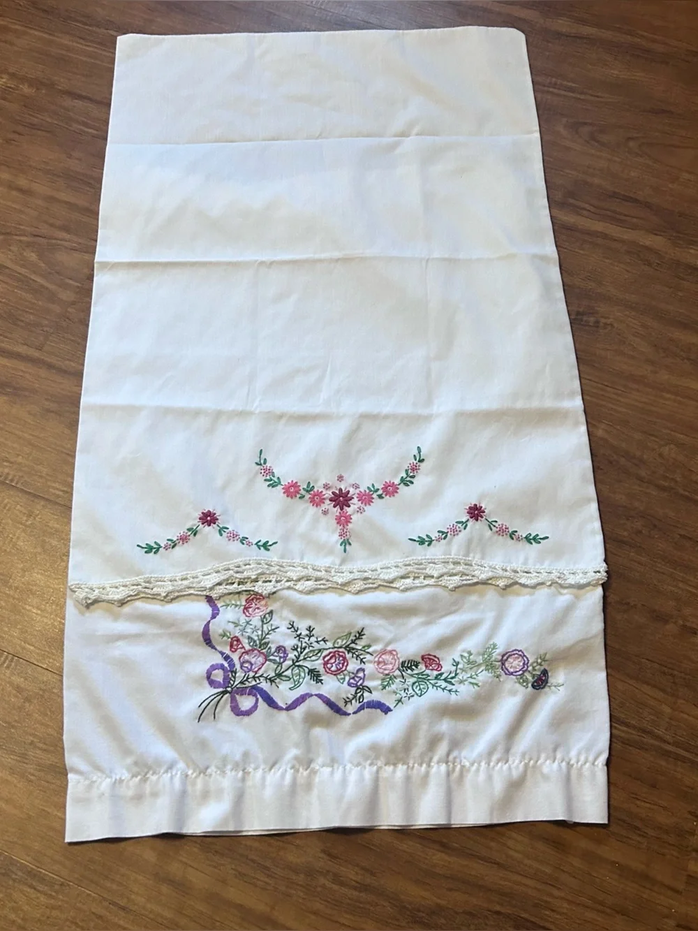 Vintage White Pillowcase with Pink, Purple and Green Floral Embroidery pair